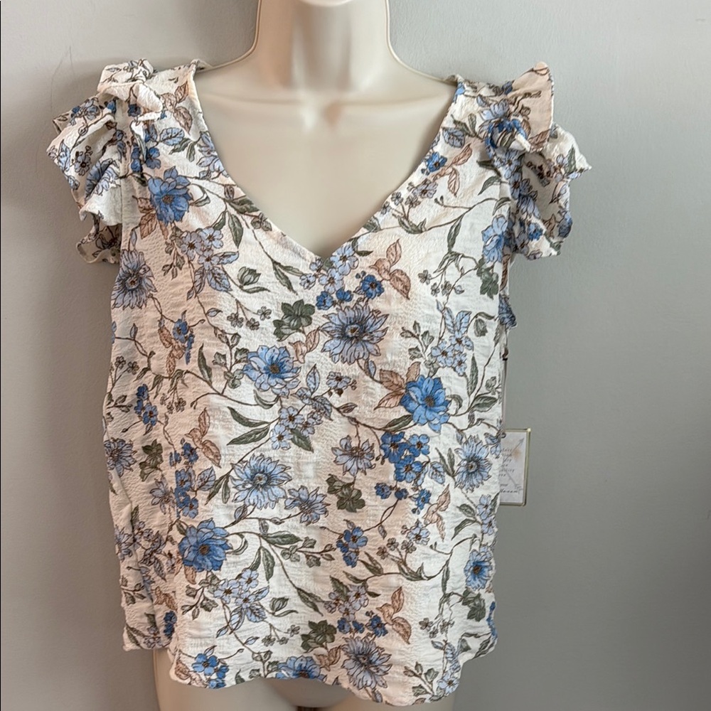 Kohl's Cream Floral V-Neck Ruffle Sleeve Blouse with Blue Flowers Size Large